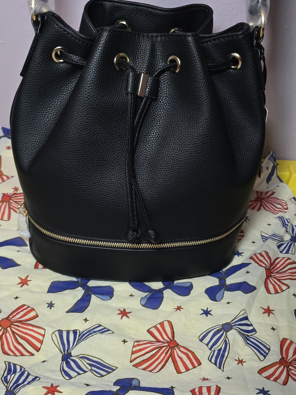 Black Drawstring Bucket Bag with Gold Hardware